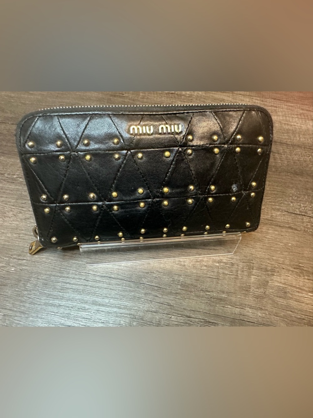 Miu Miu Black Quilted Leather Zip Around Wallet with Gold Studs